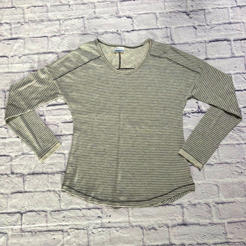 Columbia Striped Scoop Neck Long Sleeve Knit Pullover T-Shirt Gray Womens M